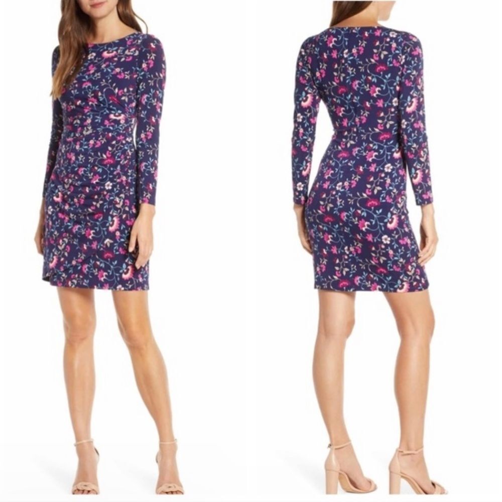 Eliza J Navy short blue Floral Print Dress‎ Size 16 Long Sleeve Faux Wrap